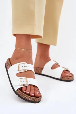 Klapki Damskie Z Klamrami Z Eko Skóry Białe Iskira