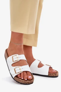 Klapki Damskie Z Klamrami Z Eko Skóry Białe Iskira