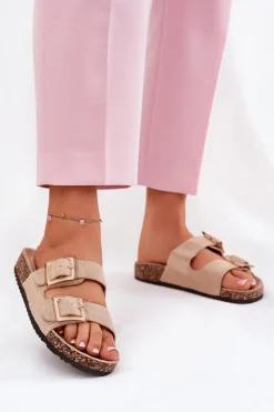 Klapki Damskie Z Klamrami Na Korkowej Podeszwie Beżowe Sercele