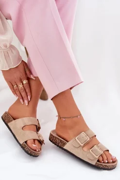 Klapki Damskie Z Klamrami Na Korkowej Podeszwie Beżowe Sercele