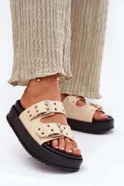 Klapki Damskie Z Klamrami Na Platformie Beżowe Nilatha