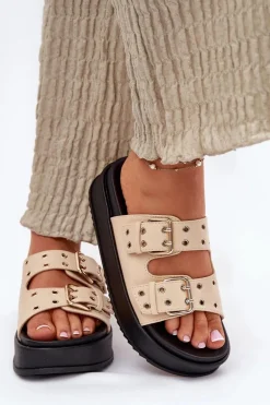 Klapki Damskie Z Klamrami Na Platformie Beżowe Nilatha