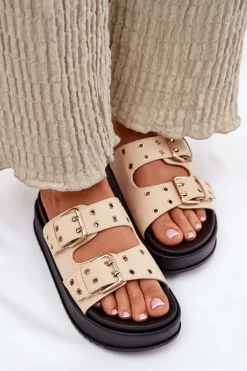 Klapki Damskie Z Klamrami Na Platformie Beżowe Nilatha