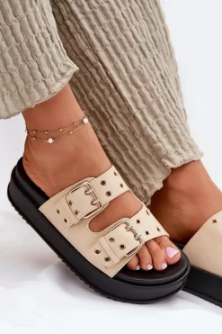 Klapki Damskie Z Klamrami Na Platformie Beżowe Nilatha