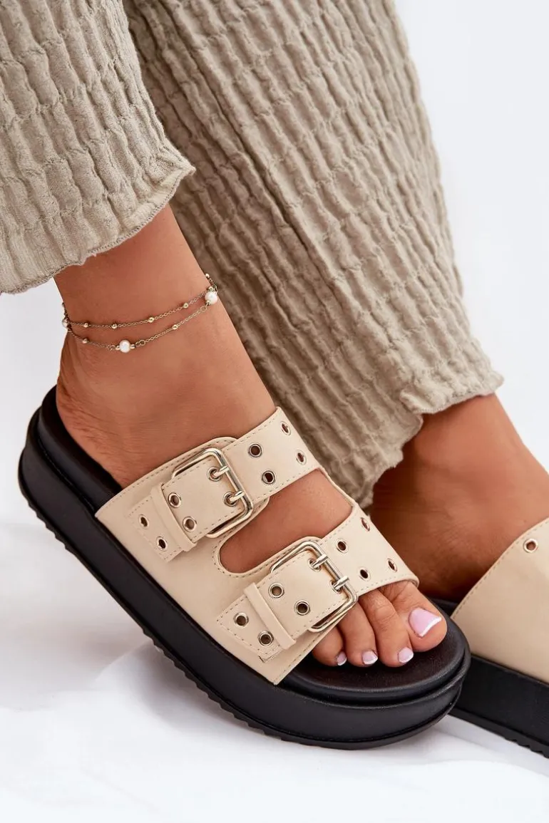 Klapki Damskie Z Klamrami Na Platformie Beżowe Nilatha