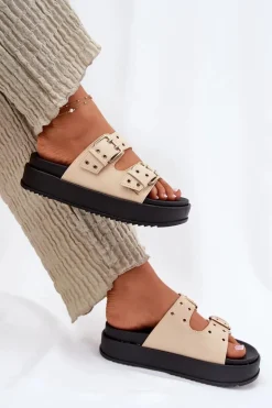 Klapki Damskie Z Klamrami Na Platformie Beżowe Nilatha