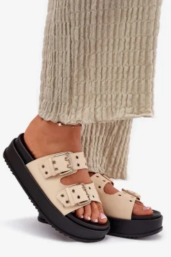 Klapki Damskie Z Klamrami Na Platformie Beżowe Nilatha