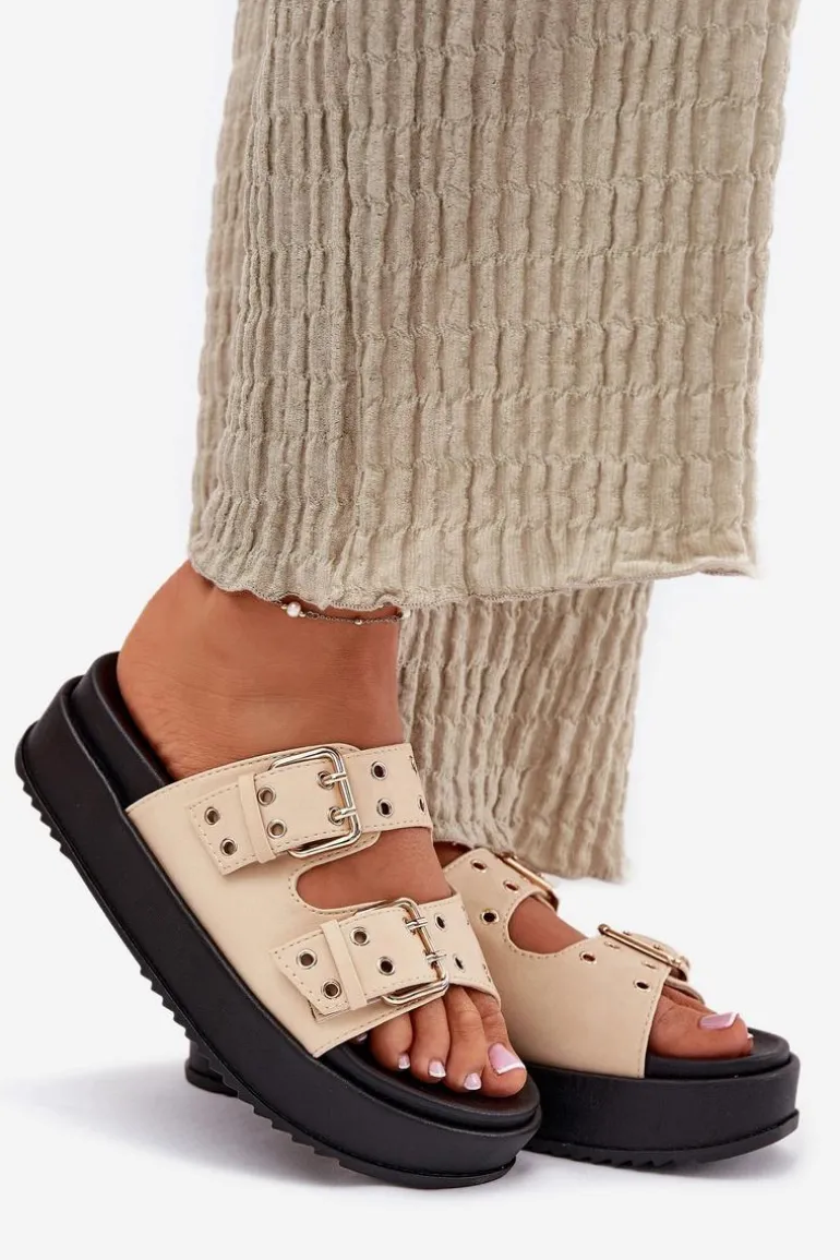 Klapki Damskie Z Klamrami Na Platformie Beżowe Nilatha