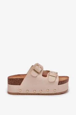 Klapki Damskie Z Klamrami Na Masywnej Platformie Beżowe Odisene