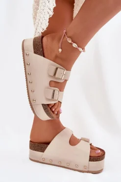 Klapki Damskie Z Klamrami Na Masywnej Platformie Beżowe Odisene