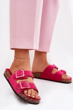 Klapki Damskie Z Klamrami Na Korkowej Podeszwie Fuksja Sercele