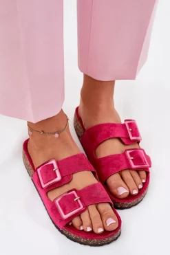Klapki Damskie Z Klamrami Na Korkowej Podeszwie Fuksja Sercele