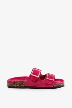 Klapki Damskie Z Klamrami Na Korkowej Podeszwie Fuksja Sercele