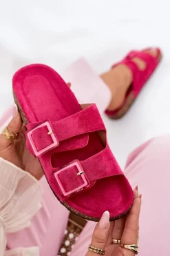 Klapki Damskie Z Klamrami Na Korkowej Podeszwie Fuksja Sercele