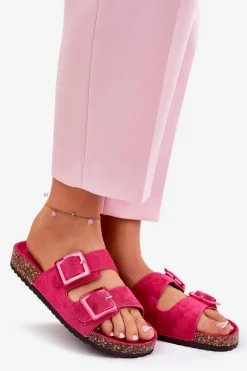 Klapki Damskie Z Klamrami Na Korkowej Podeszwie Fuksja Sercele