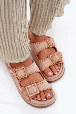 Klapki Damskie Z Klamrami I Ozdobnym Obszyciem Beżowe Visley