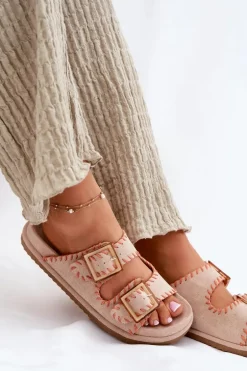 Klapki Damskie Z Klamrami I Ozdobnym Obszyciem Beżowe Visley