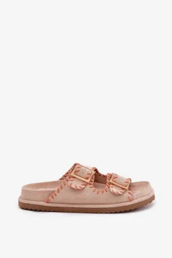 Klapki Damskie Z Klamrami I Ozdobnym Obszyciem Beżowe Visley