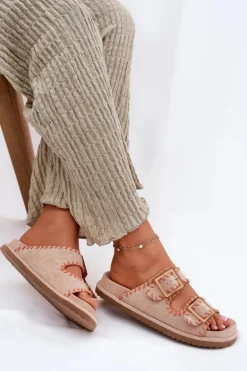 Klapki Damskie Z Klamrami I Ozdobnym Obszyciem Beżowe Visley