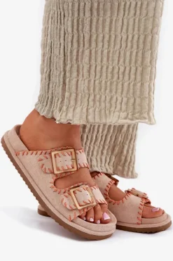 Klapki Damskie Z Klamrami I Ozdobnym Obszyciem Beżowe Visley