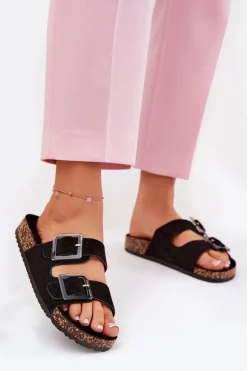Klapki Damskie Z Klamrami Na Korkowej Podeszwie Czarne Sercele