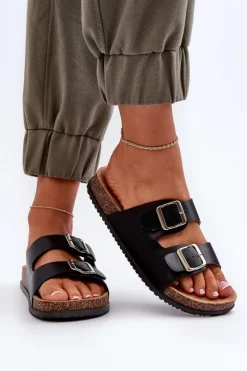 Klapki Damskie Z Klamrami Czarne Oliena