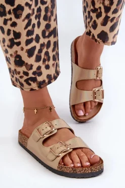 Klapki Damskie Z Klamrami Złote Fronila