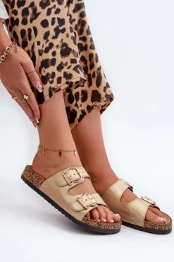 Klapki Damskie Z Klamrami Złote Fronila