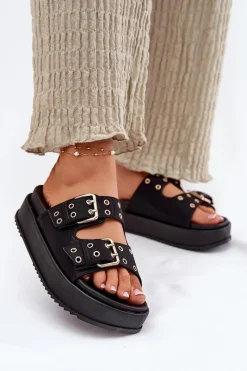 Klapki Damskie Z Klamrami Na Platformie Czarne Nilatha