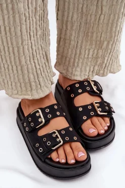 Klapki Damskie Z Klamrami Na Platformie Czarne Nilatha