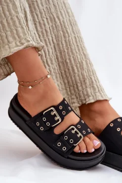 Klapki Damskie Z Klamrami Na Platformie Czarne Nilatha