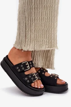 Klapki Damskie Z Klamrami Na Platformie Czarne Nilatha