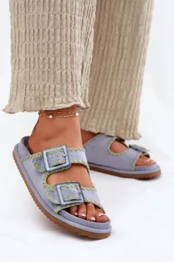 Klapki Damskie Z Klamrami I Ozdobnym Obszyciem Niebieskie Visley