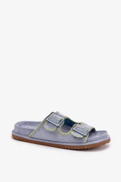 Klapki Damskie Z Klamrami I Ozdobnym Obszyciem Niebieskie Visley