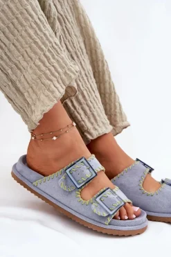 Klapki Damskie Z Klamrami I Ozdobnym Obszyciem Niebieskie Visley