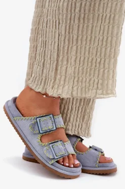 Klapki Damskie Z Klamrami I Ozdobnym Obszyciem Niebieskie Visley