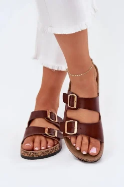 Klapki Damskie Z Klamrami Z Eko Skóry Brązowe Iskira