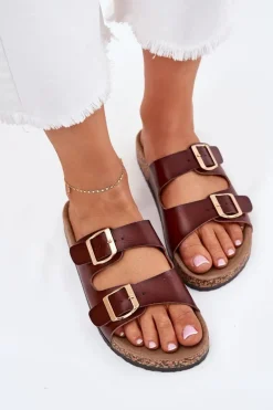 Klapki Damskie Z Klamrami Z Eko Skóry Brązowe Iskira