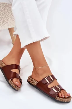 Klapki Damskie Z Klamrami Z Eko Skóry Brązowe Iskira