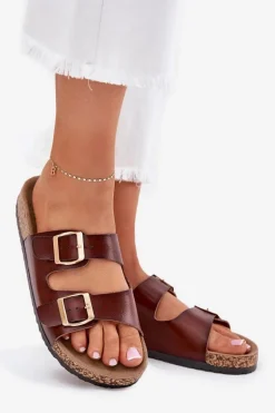 Klapki Damskie Z Klamrami Z Eko Skóry Brązowe Iskira