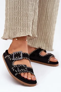 Klapki Damskie Z Klamrami I Ozdobnym Obszyciem Czarne Visley