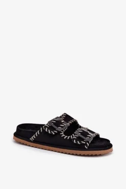 Klapki Damskie Z Klamrami I Ozdobnym Obszyciem Czarne Visley