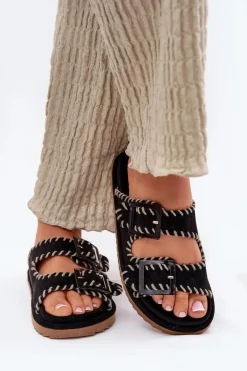 Klapki Damskie Z Klamrami I Ozdobnym Obszyciem Czarne Visley