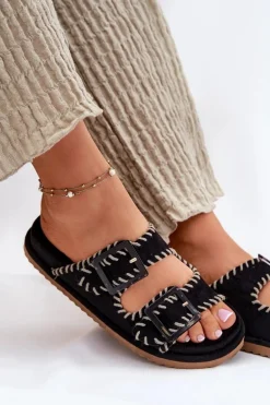 Klapki Damskie Z Klamrami I Ozdobnym Obszyciem Czarne Visley