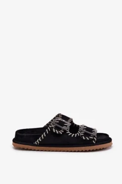 Klapki Damskie Z Klamrami I Ozdobnym Obszyciem Czarne Visley