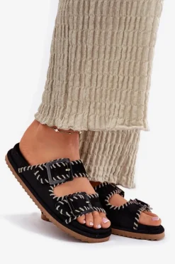 Klapki Damskie Z Klamrami I Ozdobnym Obszyciem Czarne Visley