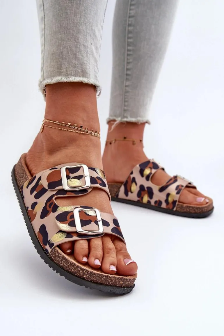 Klapki Damskie Z Klamrami Beżowo-Brązowe Oliena