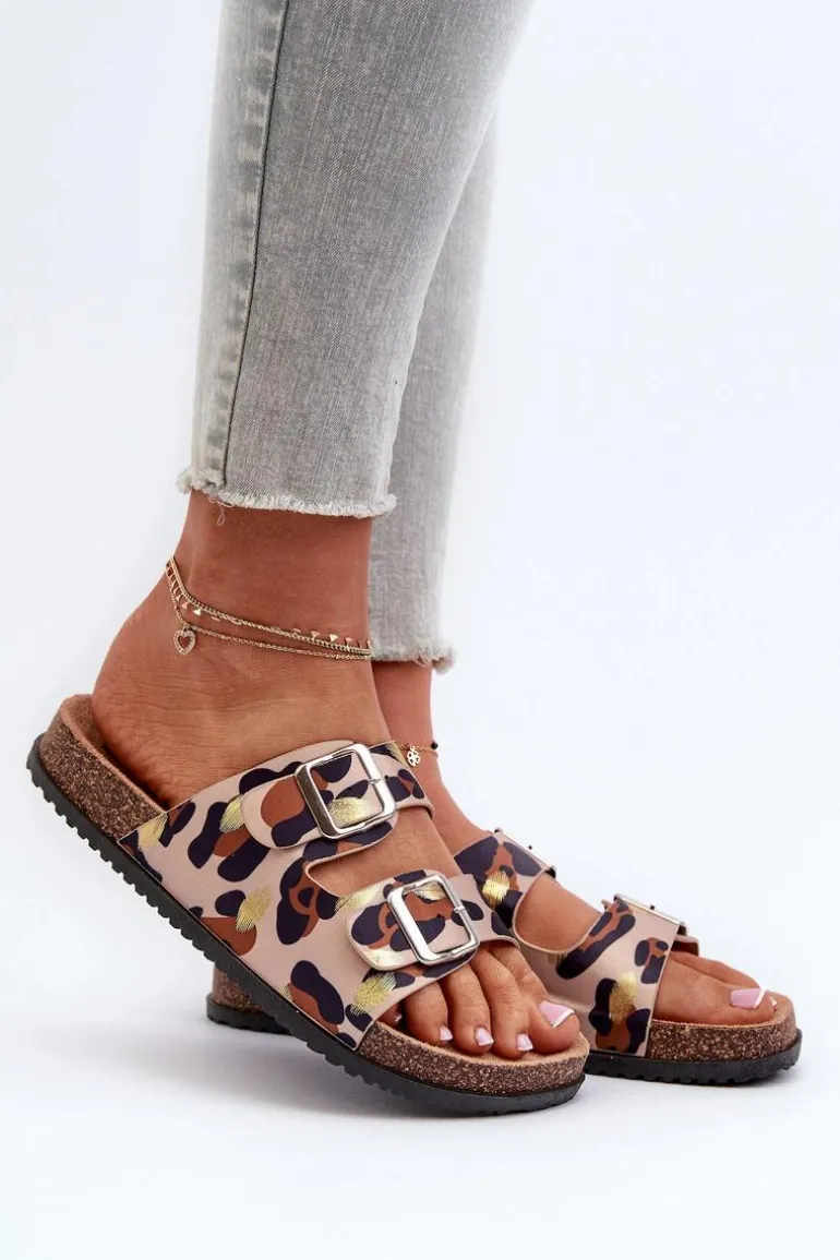 Klapki Damskie Z Klamrami Beżowo-Brązowe Oliena