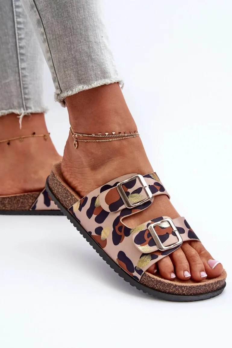 Klapki Damskie Z Klamrami Beżowo-Brązowe Oliena