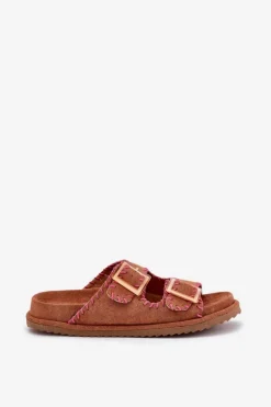 Klapki Damskie Z Klamrami I Ozdobnym Obszyciem Camel Visley